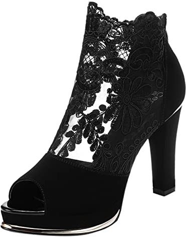 BILIKEYU Sexy Besticktes Mesh Wasserdichte Plattform Fischmaul Dicke High Heel Coole Stiefel Schuhbeutel Für (Black, 41)