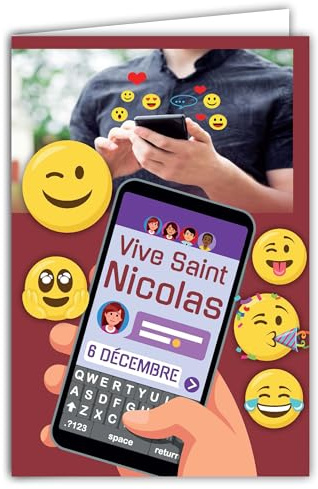 Karte zum Öffnen Vive Saint Nikolaus Gute Party 6. Dezember Smileys Emoticons Smartphone Chat Online Soziale Netzwerke Jungen Kinder Teenager Freund – mit weißem Umschlag Format 12 x 17,5 cm