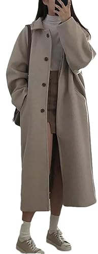 Damen Kaschmirmantel, lang, Herbst, Winter, warme Mäntel, Wollmischung, eleganter Mantel, Revers, einfarbig, schmale Passform, Erbsenmantel, beige, M
