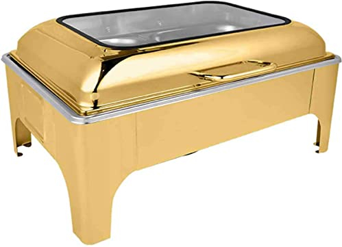 Chafing Dish, hydraulischer Buffetofen mit Glasabdeckung, 9 l Goldener Buffetofen aus Edelstahl, quadratische Heizung (Gold 57 x 42,5 x 27 cm)
