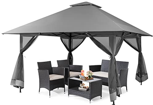 RELAX4LIFE Tonnelle de Jardin Exterieur 4x4 avec Parois en Maille à Fermeture Éclair, Hauteur Réglable, Tonnelle Pliante Pop-up, Double Toit, Protection UV50+, Sac à roulettes pour Cour Patio (Gris)