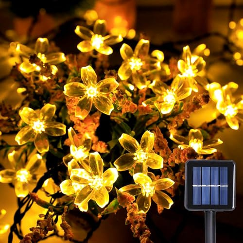 WoskjXas Solar Blumen Lichterkette, 12m 100LEDs Solar Dekorative Lichter für den Außen Bereich, LED Außen Lichterkette mit 8 Blinkmodi, Wasserdichte Garten Beleuchtung für Hof Garten Bar