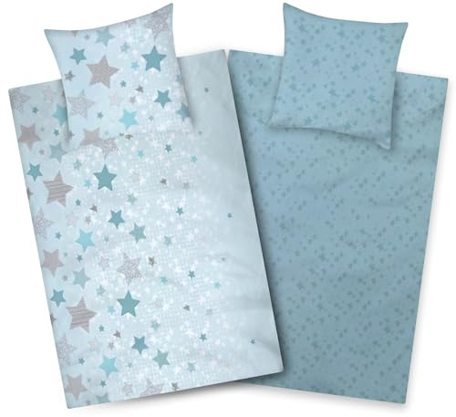Aminata kids Bettwäsche 135x200 Sterne 100% Baumwolle Stern-Motiv türkis mit Reißverschluss weich & atmungsaktiv, Mädchen Wendebettwäsche Mint