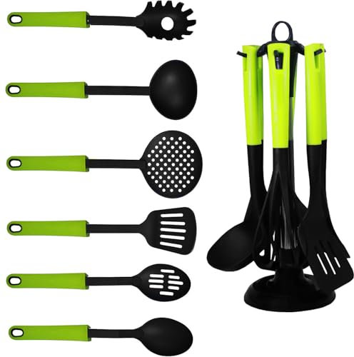 ATEK 7Pcs Kitchen Utensil Set with Stand Nylon Cooking Non Stick Set Spoon Heat Resistant Non-Toxic Utensil Set with Stand Tool Camping Food Gadgets Accessories Easy to Clean Safe for All Cookware