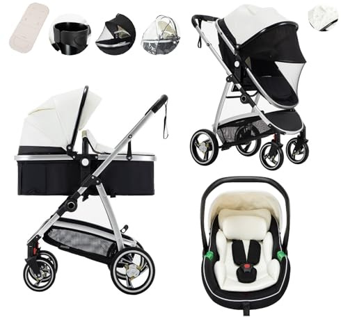 Lnhcrbs Passeggino 3 In 1 Con Seggiolino Auto, Stroller Reversibile Rivestito Con Zanzariera, Con Sacco A Mummia, Per Bambini fino a 4 Anni, Zanzariera, Passeggino One-Touch Con Seggiolino Auto