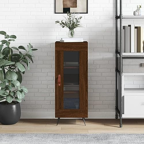 Generisch Sideboard 34,5x34x90cm Braun Eichenoptik Holzwerkstoff, Metall, Glas Badschrank Vorratsschrank Fernsehschrank Küchenschränke schmal Wohnzimmermöbel Allzweckschrank