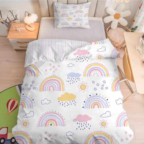 Linfye Kinderbettwäsche 100x135 cm Baby Bettwäsche Set Mädchen Regenbogen Weich Bettbezug 2 Teilig mit Reißverschluss - Sterne Sonne Kinder Bettbezüge 100 x 135 cm + 1 Kissenbezug 40x60 cm