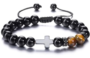 CrystalTears Crystal Cross Bracelet for Men 8mm Tiger Eye Black Obsidian Stone Beaded Protection Bracelets Healing Crystal Bracelet Gifts for Men Him Boyfriend Husband Dad Christmas Valentine’s Day