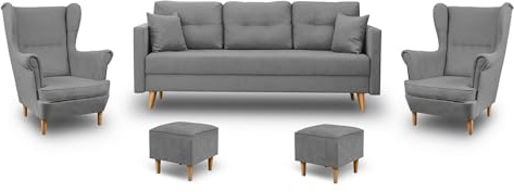 Bonni24 Sofagarnitur, Couch mit Kissen, Ohrensessel, Sofa Wohnzimmersofa mit Armlehnen, Couchgarnitur Skandinavisches Sofa mit Schlaffunktion (Grau, 1x 3-Sitzer-Sofa, 2X Sessel, 2X Fußhocker)