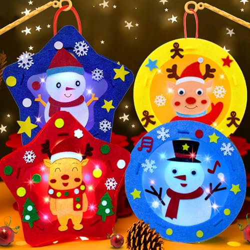 Eyezeeption 4 Stück Laternen Bastelset Weihnachten St Martin für Kinder - Schneemann und Elch Laterne mit Stab DIY für Umzug - Weihnachtsdeko Basteln