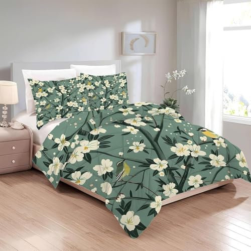 Bettdecke 200x220 Ohne Bezug Nutzbar, Blumen Blätter Vögel Bettdecken Waschbar Ganzjahresdecke Aquarell 4 Jahreszeiten Steppdecke, Bettzeug Microfaser mit 2 Kissenbezug für Sommer Winter Doppelbett