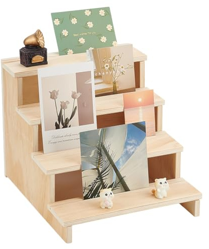 PH PandaHall 4-Tier Wood Card Display Stand, Perfume Cupcake Stickers Stand Riser Craft Display Holder Rustic Jewellery Organizer Party Table Display Shelf for Selling Craft Show Home Party Supplies