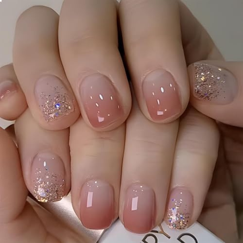 Calkkrer 24 Pièces Blush Ombre Ongles Pressés, Ongles Courts Carrés à Coller, Faux Ongles avec Paillettes, Pointes de Style Français, Ongles Artificiels