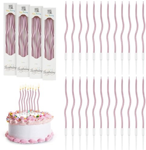 URAQT Metallico Candeline, 24 Pz Torta Compleanno ondulate Sottile Candele con Supporti, Candele Compleanno Candeline Torta Decorazioni per Feste, Accessori per Feste(Oro Rosa)