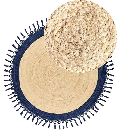 Beliani Boho Teppich Rund ø 140 cm Natürliche Jute Handgeflochten Beige und Blau Marts