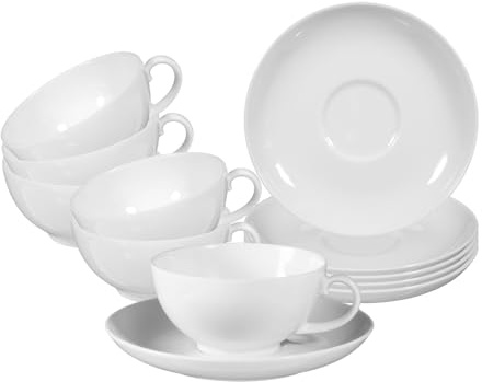 Seltmann Weiden Rondo/Liane Teetassen mit Untertassen 6er Set, 200 ml, Klassisches Tee-Set für 6 Personen, Spülmaschinen- und Mikrowellenfest, Teegeschirr aus Porzellan, Weiß