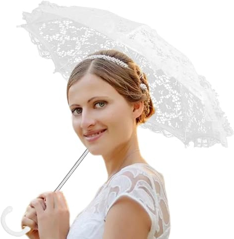 White Lace Parasol Umbrella | White Lace Parasol, Retro Bridal Lace Decorative Umbrella, Wedding Studio Props, Suitable For Children's Bride Photo Props
