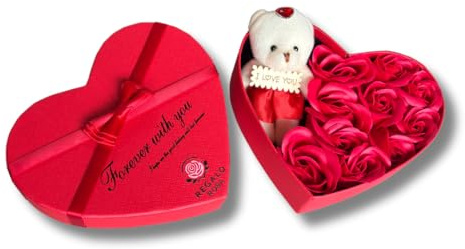 Regalo Rosa Luxuriöse Herzförmige Geschenkbox mit ewigen Rosen und Teddybär – Geschenk für Frau, Freundin, Haar – Romantisch für Valentinstag, Weihnachten & Hochzeit