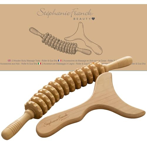 Maderotherapie Set Holz mit Massageroller & Körper Gua Sha, Anti Cellulite Massagegerät für Beine, Bauch, Po, Arme & Rücken, Holz Massage Tool für Faszienmassage, Wellness & Selbstmassage
