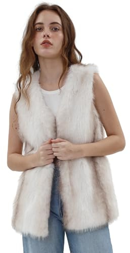 Amazhiyu Gilet da donna in pelliccia sintetica, senza maniche, girocollo in peluche, aperto sul davanti, caldo capispalla con tasche per autunno/inverno UK, Beige, XL