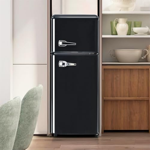 Frigorífico Retro Con Congelador,Combinación De Frigorífico-Congelador 92L,Refrigeración: 64L,Congelación: 28L,3 Estantes,116 Kwh/Año,LED,Cajón Para Verduras,Estantes En Puerta,Black