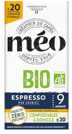 Cafés Méo Capsule Bio Espresso - Pack de 100 Capsules (5x20) - Compatible avec Nespresso