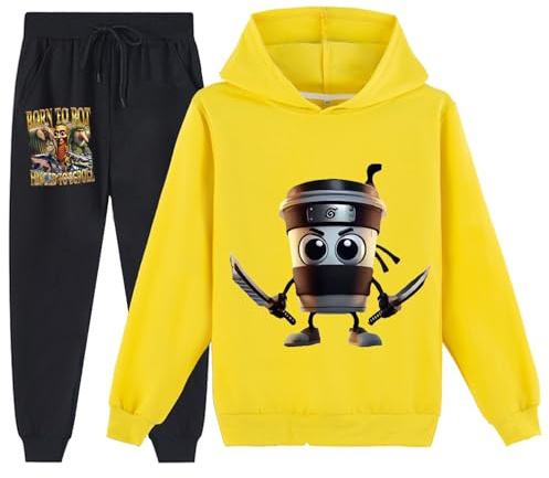 YuanDiann Ensemble de survêtement pour enfants Cappuccino Assassino avec capuche + pantalon de jogging 2 pièces Set imprimé Brainrot italien pour garçons et filles - Sweatshirt à capuche & Pantalon