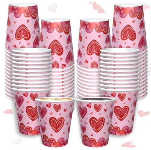 LWYGEGJO 100 tazas de papel desechables para el día de San Valentín, de 9 onzas, con forma de corazón, rojo, para beber té, tazas de café desechables para el día de San Valentín, suministros de fiesta