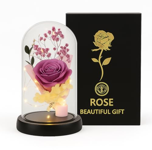 ENERGY GROUP ONLINE Rosa Eterna con Luci LED sotto Cupola – Idea Regalo Romantica per San Valentino, Anniversario, Festa della Mamma Regalo, Decorazione Elegante per Casa (ROSA GLICINE)