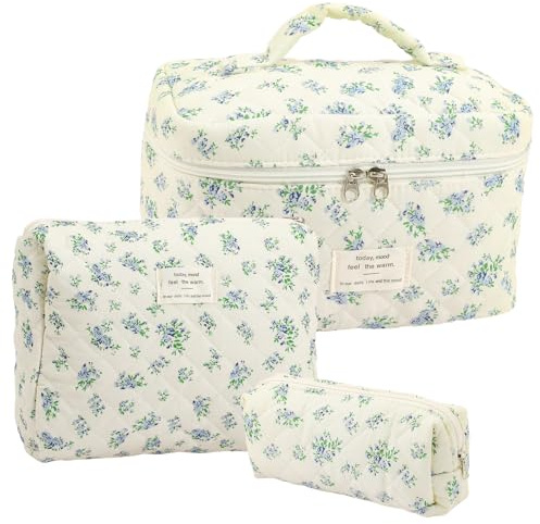 Set de 3 Neceseres de Algodón, Neceser Maquillaje, Neceser Mujer Viajes Cortos, Uso Diario, Gimnasio o para Transportar Cosméticos y Artículos de Cuidado Personal (Pequeña Flor Azul)