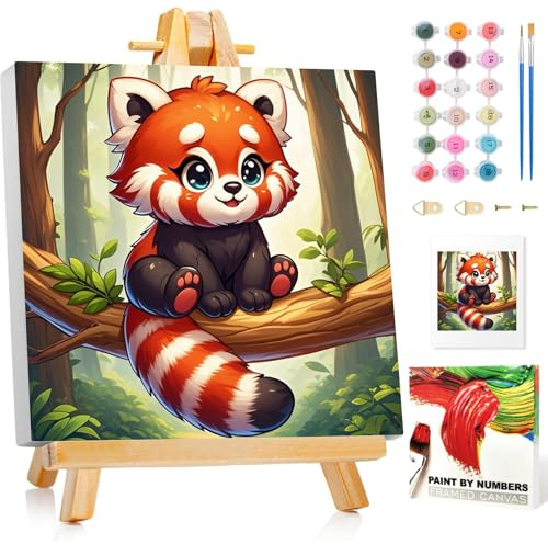 Mafenr Art Red Panda Peinture Numero Enfant Avec Cadre et Chevalet, Peinture par Numero Enfant, Peinture par Pour la Décoration de la Maison 20x20cm