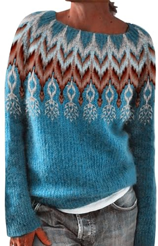 HUIFUAO Pull Fair Isle pour femme - Grande taille - Pull de Noël norvégien nordique islandais - Tricot épais et chaud - Pull vintage à manches longues, S