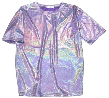 Metallic Oberteil Damen Glänzend Pailletten Kurzarm Top Karneval Kostüm Glitzershirt Glitzernde Disco T-Shirt Bluse Retro Fasching Party Silvester Hochzeit Glitzeroberteil Holografisches Shirt