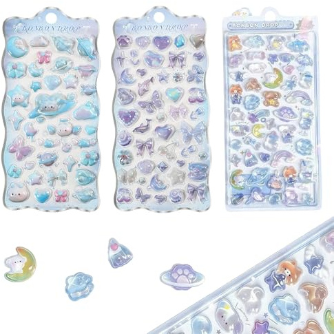 PureSphere 3D Embossed Puffy Stickers, 3 Sheets Cute Cartoon PVC Stickers | 3 sheets 3D embossed puffy cartoon stickers,waterproof PVC,residue-free adhesive for laptop water bottle scrapbook decoration