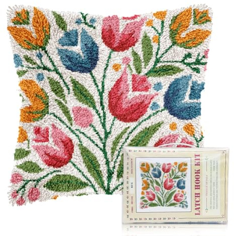 FREEBLOSS 17x17 Latch Hook Kit for Adults Beginners Tulip Pattern Pre Printed DIY Crochet and Latch Hook Cushion Kit Pillow Cover for Home Sofa Decoration, with Instructions