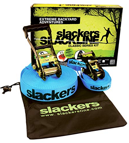 Slackers USA Slackline Classic 15m, Set mit zusätzlicher Teaching Line, Handlauf zum leichten Erlernen, Ratschenschutz, Anleitung, Tasche, ideal für Kinder und Familie, 980010