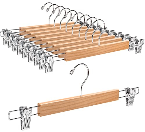 Amber Home 10 Stück 36cm Natürliche Kleiderbügel aus Holz, Robust und Glänzend Hosenbügel Aufhänger für Hosen Shorts Rock Socken Unterwäsche, mit rutschfest Clips und Drehbar Haken