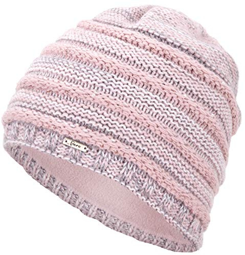 Faera Wintermütze warm gefütterte Winter-Mütze Fleece-Futter Winter Strick-Mütze Beanie-Mütze Damen Herren One-Size, Farbe:Rose