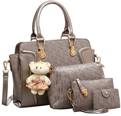 FiveloveTwoDamen 4Tlg. Handtaschen Set Umhängetasche Schultertasche Tasche PU Shopper Clutch Kartenhalter Geldbörse Tragetasche mit Bär Ornamente
