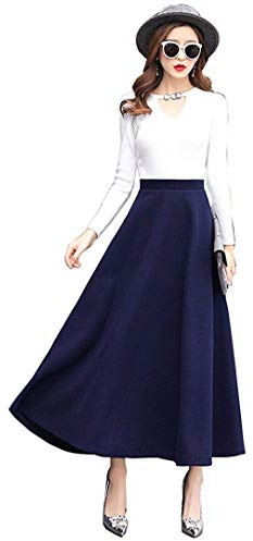 RIZ-ZOAWD Jupe Longue Femme Hiver Élégant Taille Haute Laine Jupe Plissée A-Ligne Skirts avec Poches S-3XL