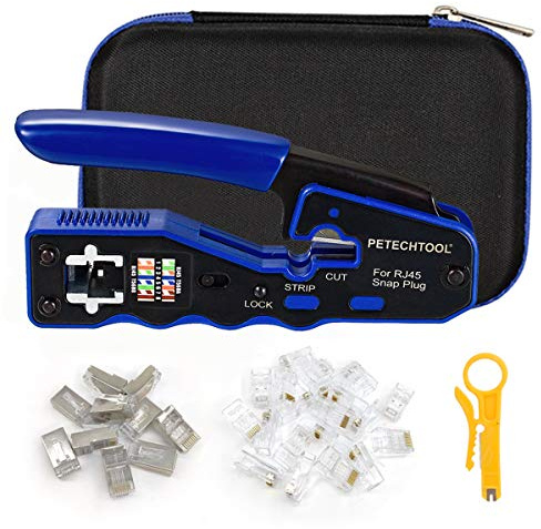 RJ45 Crimper Tool Pass Through Crimping Tool for RJ45 Cat6a Cat6 Cat5e Cat5 Comes with RJ45 Cat6 Connectors 23AWG End Plugs and 1 Piece Mini Wire Stripper