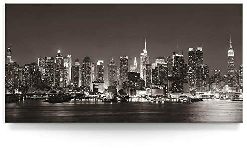 BilderKing Wandbild Skyline New York Manhatten Night - 120cm x 60cm Leinwand auf Fertigrahmen + Aufhänger