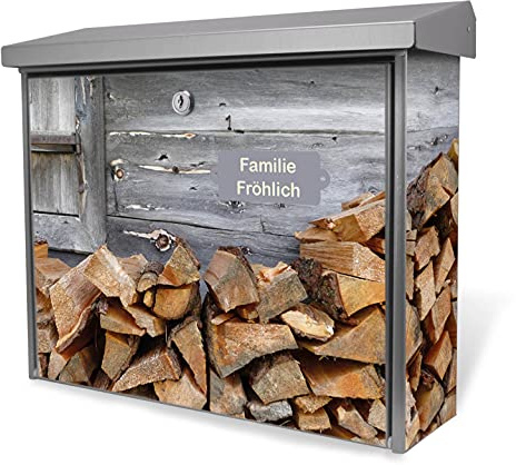 banjado® Burgwächter Briefkasten Edelstahl 38,5x31,5x12cm mit Motiv Feuerholz/Briefkasten Edelstahl ohne Zeitungsfach/Briefkasten grau/Postkasten inkl. Montagematerial & 2 Schlüsseln