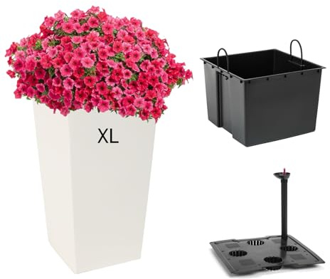 MELTOM Blumentopf Eckig 29x29 x H 57 cm Creme Hoch mit Bewässerungssystem | Gefäß 40 L, Innentopf 16,5 L herausnehmbar · Wasserstandsanzeiger · für Innen & Außen · Kunststoff, ohne Abflussloch