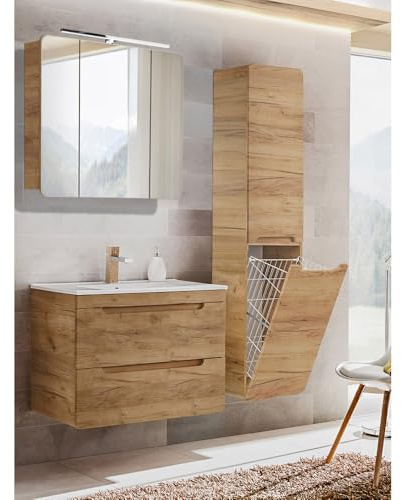 Lomadox Badmöbel Waschplatz Set Eiche, Keramik Waschtisch mit 81 cm Unterschrank, LED-Spiegelschrank, Hochschrank mit Wäschesammler