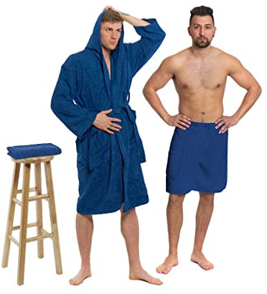 Interkontakt SET - XL - Bademantel Herren Frottee mit Kapuze + Saunakilt Herren + Handtuch - 100% Baumwolle OEKO-TEX® Zertifiziert - Verfügbare Größen (S, M, L, XL, XXL) - Bademantel Set - Navy Blau
