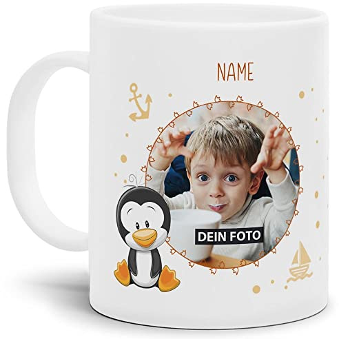 Kinder-Tasse mit Tiermotiv Pinguin - mit Foto, Name & Wunschtext selbst gestalten - Für Mädchen & Jungen - BPA-freie Kunststoff-Tasse, 300 ml I Personalisiertes Geschenk für Kinder