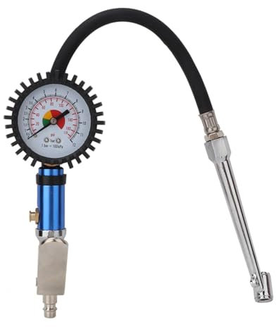 0-12 Bar Tyre Inflator Gauge, Self-clamping Car Pressure Gauge UK, Air Compressor Line Gun with Flexible Hose and Quick Connector, for Car, Truck, SUV, Motorcycle