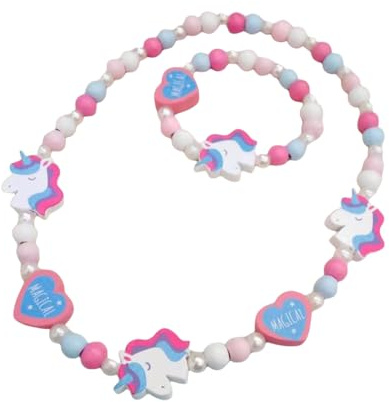 YKKJ en Bois Coloré Enfants Ensemble de Bijoux,Princesse Collier Bracelets Set Licorne Perles Collier et Bracelet Cadeau pour Les Filles Fête d'anniversaire Habillage Accessoire