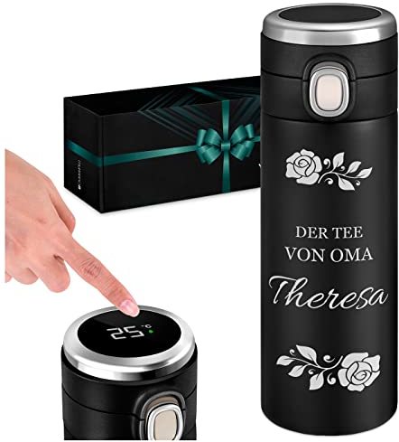 Maverton Thermobecher Kaffeebecher mit Gravur 400 ml - Trinkflasche Edelstahl - auslaufsicher 100% dicht - mit LED-Temperaturanzeige - Weihnachtsgeschenke - für Frauen zum Geburtstag - schwarz - Rosa